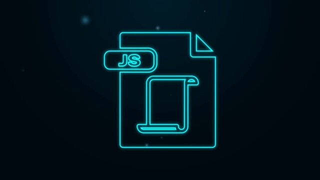 Glowing neon line JS file document. Download js button icon isolated on black background. JS file symbol. 4K Video motion graphic animation
