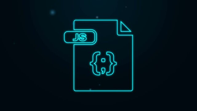 Glowing neon line JS file document. Download js button icon isolated on black background. JS file symbol. 4K Video motion graphic animation