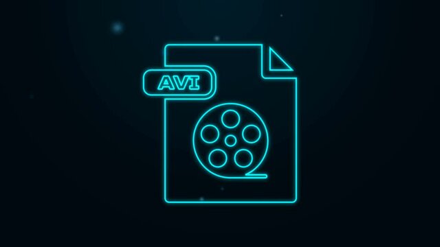 Glowing neon line AVI file document. Download avi button icon isolated on black background. AVI file symbol. 4K Video motion graphic animation