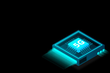 5G network processor illustration. Mobile wireless internet of next generation. Isometric futuristic micro chip. micro chip illustration. PC mainboard illustration background. 3D isometric hardware.