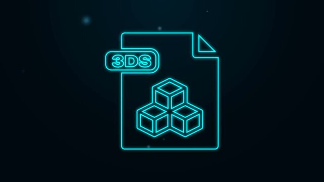 Glowing neon line 3DS file document. Download 3ds button icon isolated on black background. 3DS file symbol. 4K Video motion graphic animation