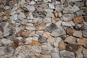 Architecture and design. Stonewall texture and pattern.  Closeup view of the rocks in the house exterior wall. 