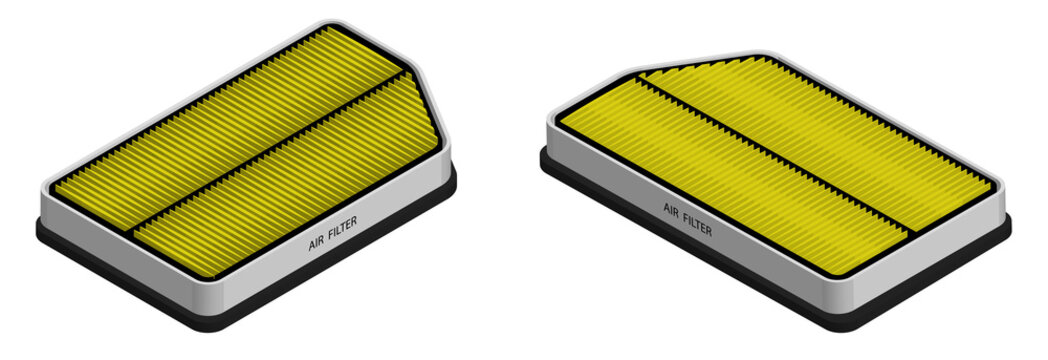 Isometric. Set of air filters for car interior. Air conditioning in car. Maintenance in service workshop. 3D Vector