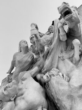 Black and white low angle view of Monument to Giuseppe Mazzini in Piazzale Ugo La Malfa, Rome, Italy