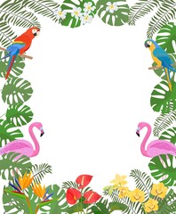 Fototapeta premium トロピカルなイメージのフレーム 熱帯植物と鳥