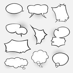 Set of speech bubbles. Halftone shadows. Comic.