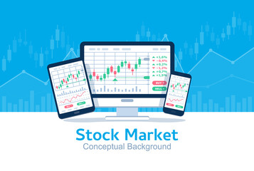 Stocks market graph chart on computer screen, tablet and phone. Technical analysis candlestick chart. Global stock exchanges index. Forex trading concept. Trading strategy. Vector illustration
