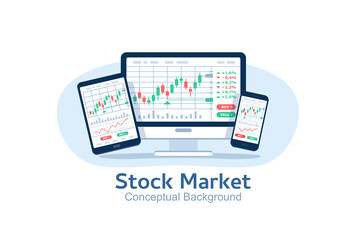 Stocks market graph chart on computer screen, tablet and phone. Technical analysis candlestick chart. Global stock exchanges index. Forex trading concept. Trading strategy. Vector illustration