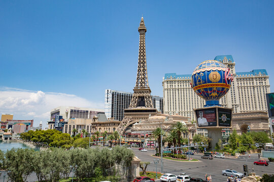 LAS VEGAS - JULY 13 : The Paris hotel in Las Vegas, Nevada on July 13 , 2017. The hotel includes a half scale, 541-foot (165 m) tall replica of the Eiffel Tower.