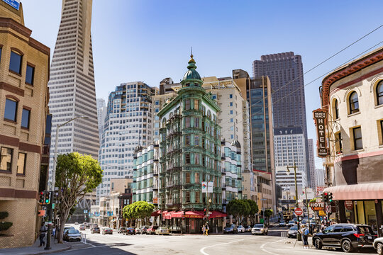 San Francisco, CA - July 16, 2017: Columbus Tower. The copper-green Flatiron style structure is a mixed-used building that was completed in 1907, just after the 1906 San Francisco earthquake.