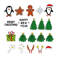 christmas set hand drawn vector doodle. collection of elements for icon, sticker, card, poster, winter, trees, penguins, fireworks, gift, accessories, decor