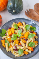 vegan autumn pasta with pumpkin and black beans