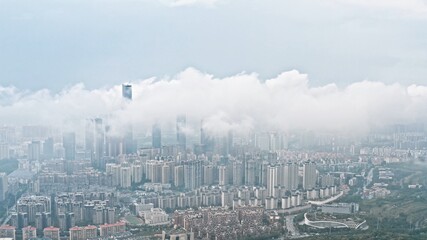 aerial view city in the fog