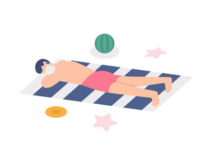 concept of vacation, recreation, relax. illustration of a man sunbathing on the beach and using a mat to lie on. flat design. can be used for elements, landing pages, UI, website