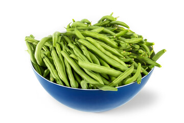 Perspective view of many green beans in a kitchen bowl. Blue plastic mixing container with raw green beans spilling over the edge. Fresh picked from garden. Isolated on white