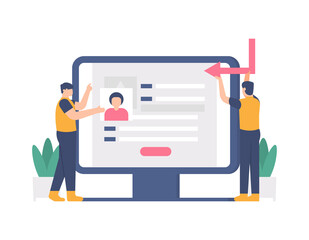 illustration of people filling in their personal data on the registration page on a computer. concept of identity information, registration form, apply. flat design. can be used for landing page