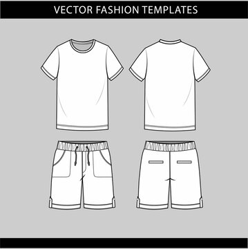t shirt and pant front and back view, Fashion vector illustration on grey background, fashion flat sketch template