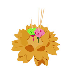 Bead Krathong with pink flower paper and incense and candle. Loy Krathong Festival poster design with white background . Vector Illustration design concept for  Celebration and Culture of Thailand