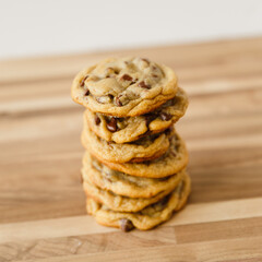 Homemade Chocolate Chip Cookies on Walnut Butcher Block