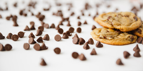 Homemade Chocolate Chip Cookies with Chocolate Chips on White Background