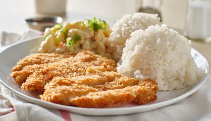 chicken katsu hawaiian bbq plate lunch with white rice and macaroni salad