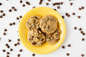 Chocolate Chip Cookies on Yellow Plate