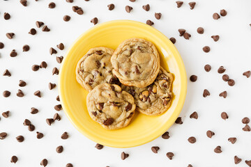Chocolate Chip Cookies on Yellow Plate