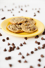 Chocolate Chip Cookies on Yellow Plate