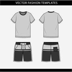 t shirt and pant front and back view, Fashion vector illustration on grey background, fashion flat sketch template