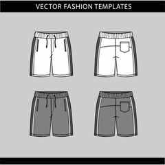 short fashion flat sketch template, Bermuda Shorts Template, Vector Illustration of pant, Men's fashion shorts front and back view
