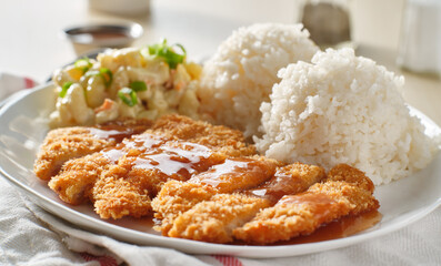 chicken katsu hawaiian bbq plate with gravy and rice