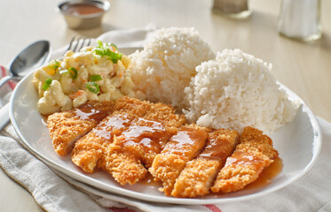 chicken katsu hawaiian bbq plate with gravy and rice