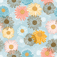 Vector Floral Seamless Pattern. Background of Outline Vintage Daisy (Chamomile, Camomile) Flowers. Hand drawn Flower Sketch Wallpaper