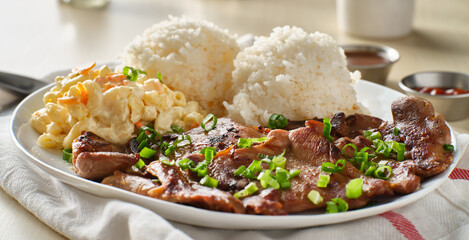hawaiian bbq plate with barbecue chicken and rice