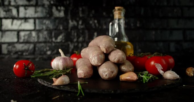 Raw sausages with tomatoes and garlic rotate on a board. 