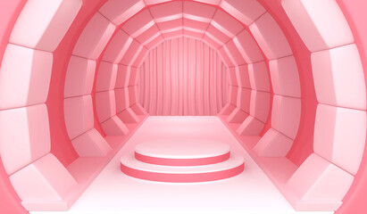 3D Rendering Illustration mockup scene of white rounded podium isolated on pink and white corridor background, can be used for product display, presentation, advertising, etc.