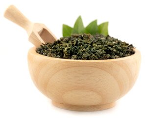 Oolong tea on white background