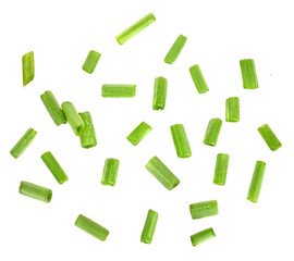 Chopped or cut scallions isolated on a white background, top view.