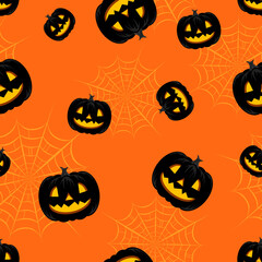 Seamless pattern with black pumpkins and psider webs on orange background. For gift paper, textiles, clothes, social networks, wallpaper, prints, festive decor