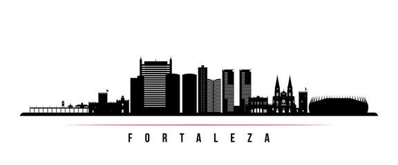 Naklejka premium Fortaleza skyline horizontal banner. Black and white silhouette of Fortaleza City, Brazil. Vector template for your design.