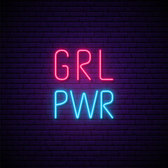 Neon girl power text on dark brick wall background. Girl power - bright neon signboard. Feminist quote. Vector illustration.