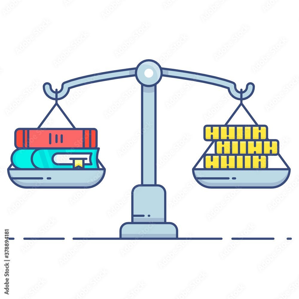 Poster balance scale with books and money showcasing wealth of knowledge icon