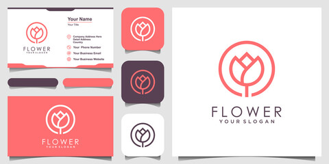 Minimalist elegant flower rose beauty with line art style. logo use cosmetics, yoga and spa logo design inspiration. set of logo and business card design