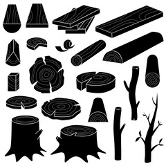 Collection of wood logs, parts, elements. Vector icon set. 