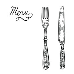 Menu template with Vintage Fork and knife. Cutlery etching vector drawing, vintage kitchen silverware. Hand drawn line art sketch, black and white retro illustration isolated on white background. 