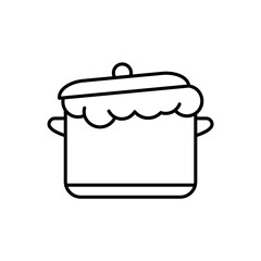 Saucepan with rising yeast dough and lid. Line art icon of kneading dough. Black simple illustration of fancy bread, homemade bakery products. Contour isolated vector pictogram, white background