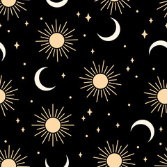 Seamless pattern with sun and moon on black background.  Contemporary  composition. Boho wall decor. Mid century art print. Trendy texture for print, textile, packaging.