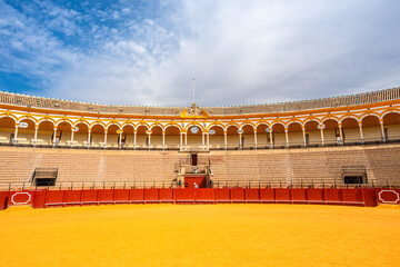 Fototapeta premium Seville, Spain. October 15th, 2019. View of the empty bullring of the Plaza de Toros.