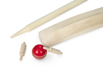 cricket bat, stumps, bails, red ball isolated on white background, wooden cricket bat all angles studio shot cutout