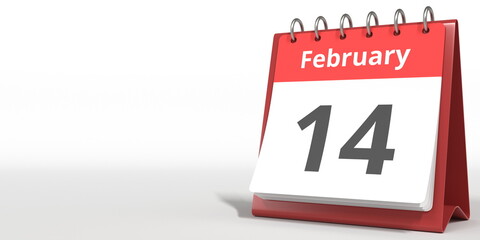 February 14 date on the flip calendar page, 3d rendering